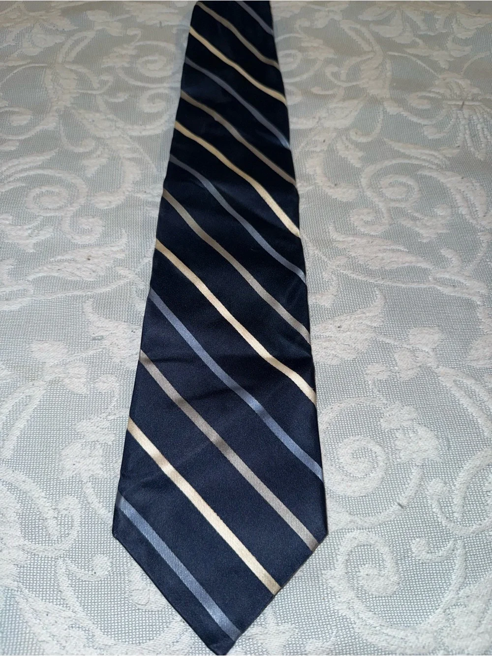 Van Heusen Navy Tie with Beige and Gray Stripes